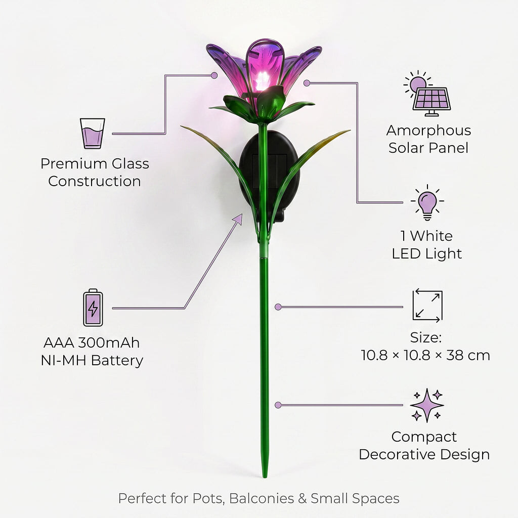 LIVMORE Solar Glass Flower Garden Stake (38cm) - Purple & Green