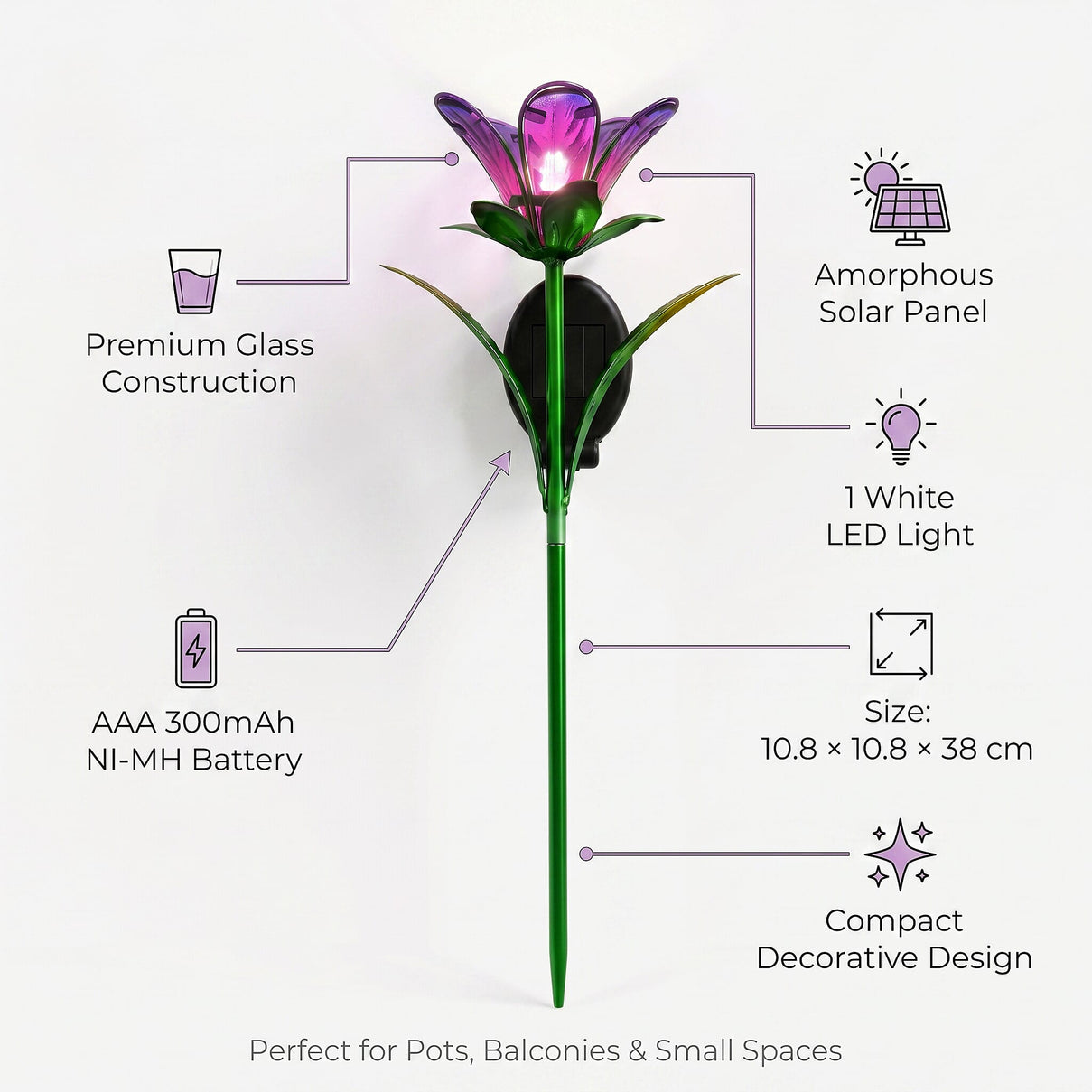 LIVMORE Solar Glass Flower Garden Stake (38cm) - Purple &amp; Green V32514609 5