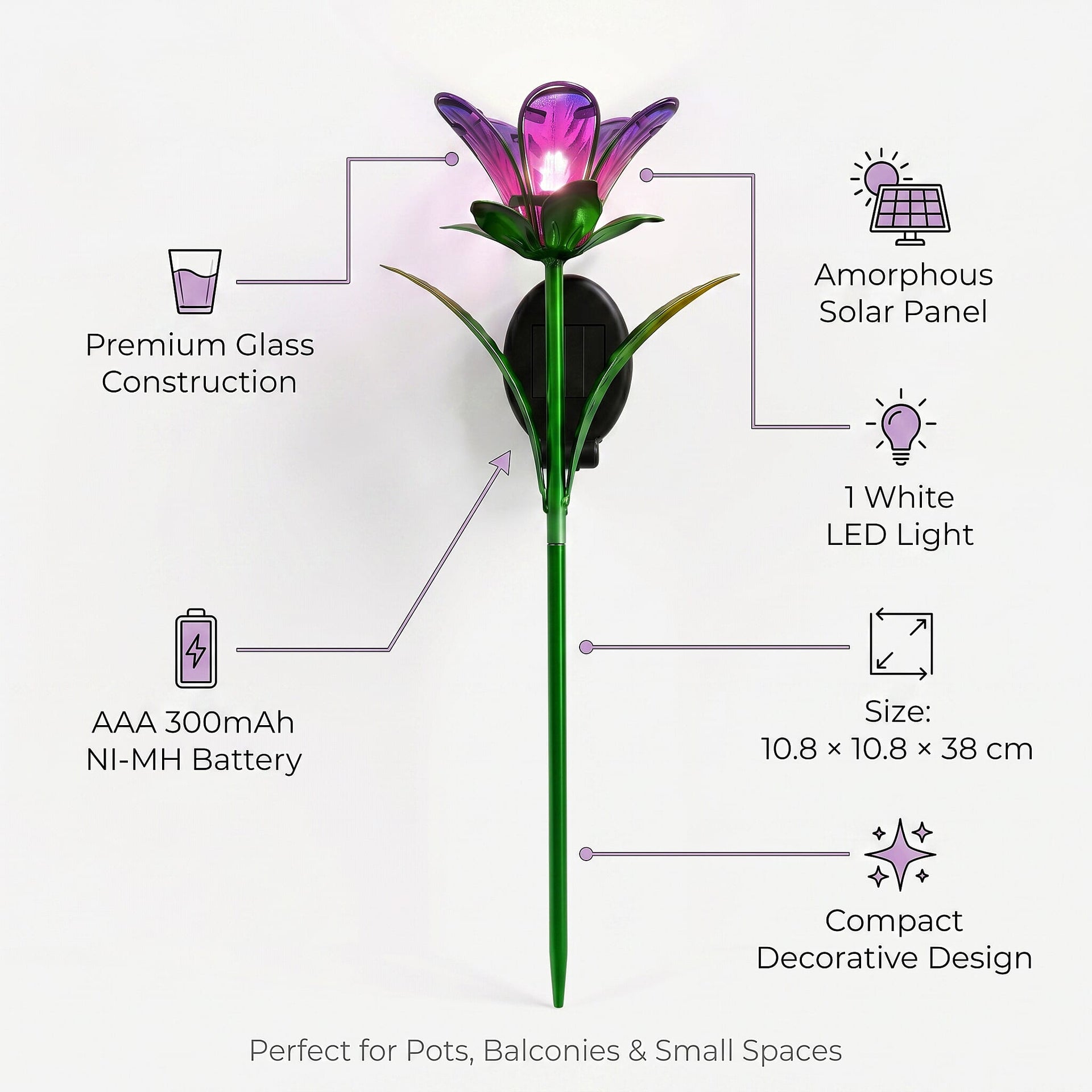 LIVMORE Solar Glass Flower Garden Stake (38cm) - Purple &amp; Green V32514609 5