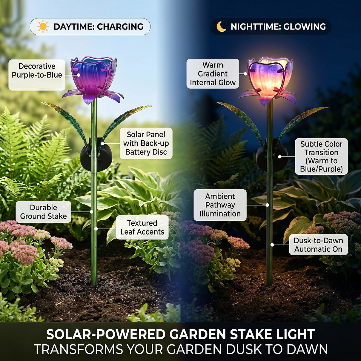 LIVMORE Solar Glass Flower Garden Stake (37cm) - Purple 8412816 2