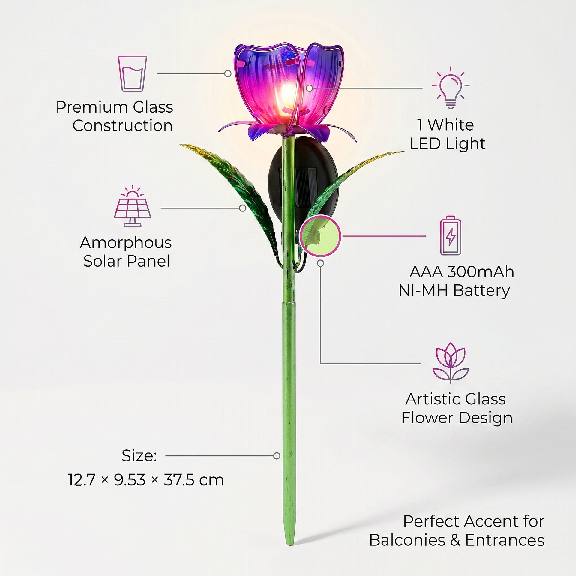 LIVMORE Solar Glass Flower Garden Stake (37cm) - Purple 8412816 5