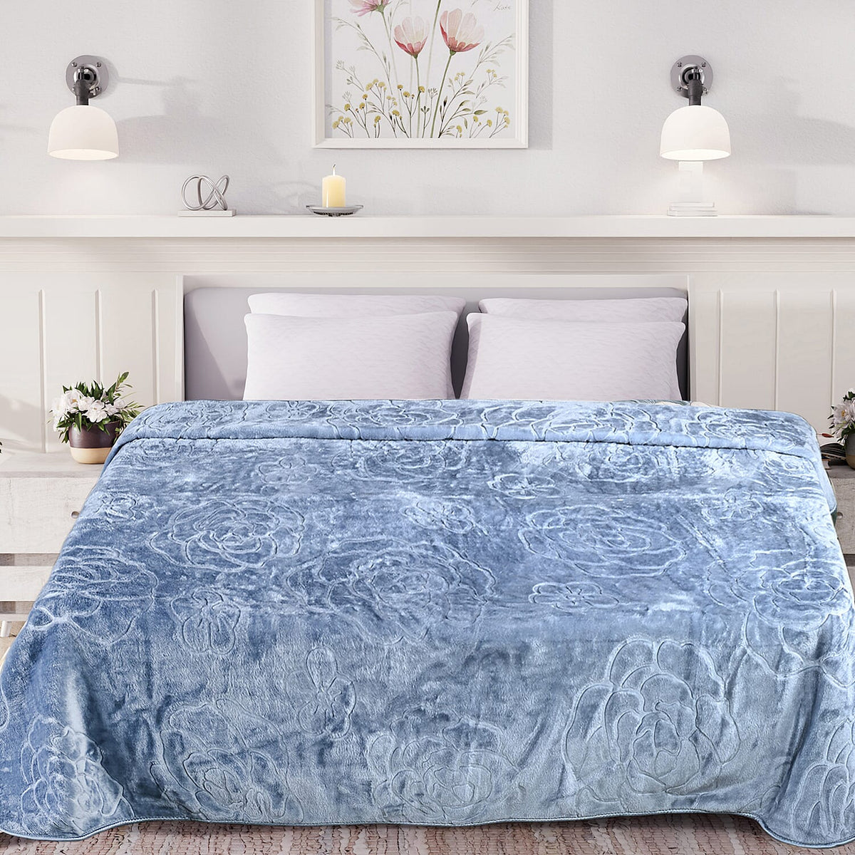 Livmore Luxurious Floral Embossed Soft Faux Mink Blanket (200x220cm) - Sky Blue 8230113 0