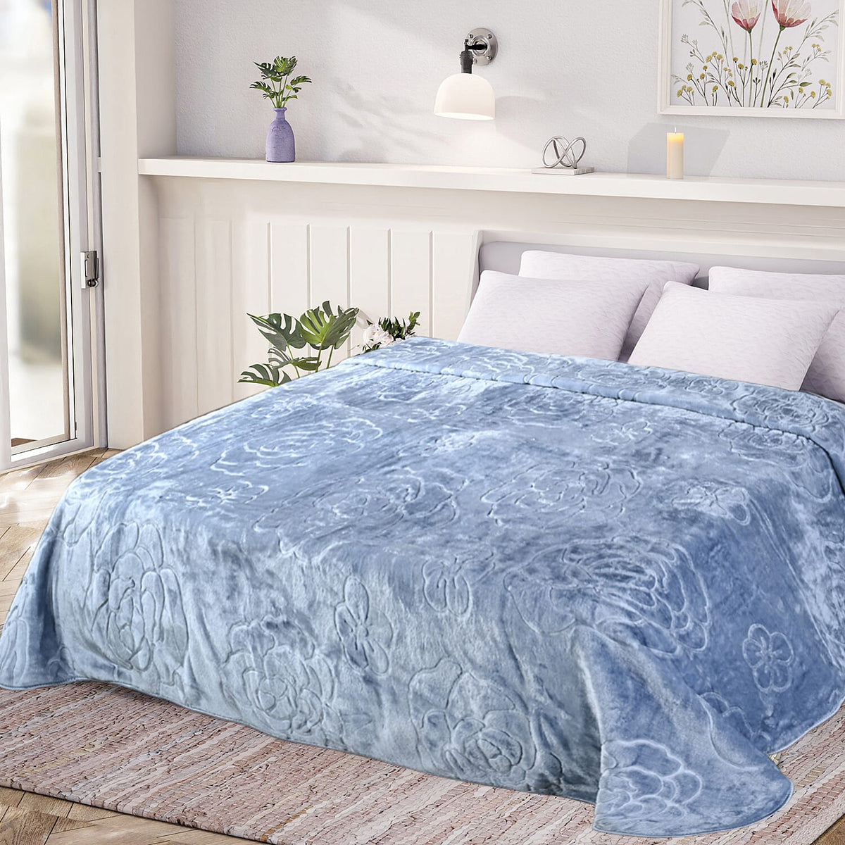 Livmore Luxurious Floral Embossed Soft Faux Mink Blanket (200x220cm) - Sky Blue 8230113 2