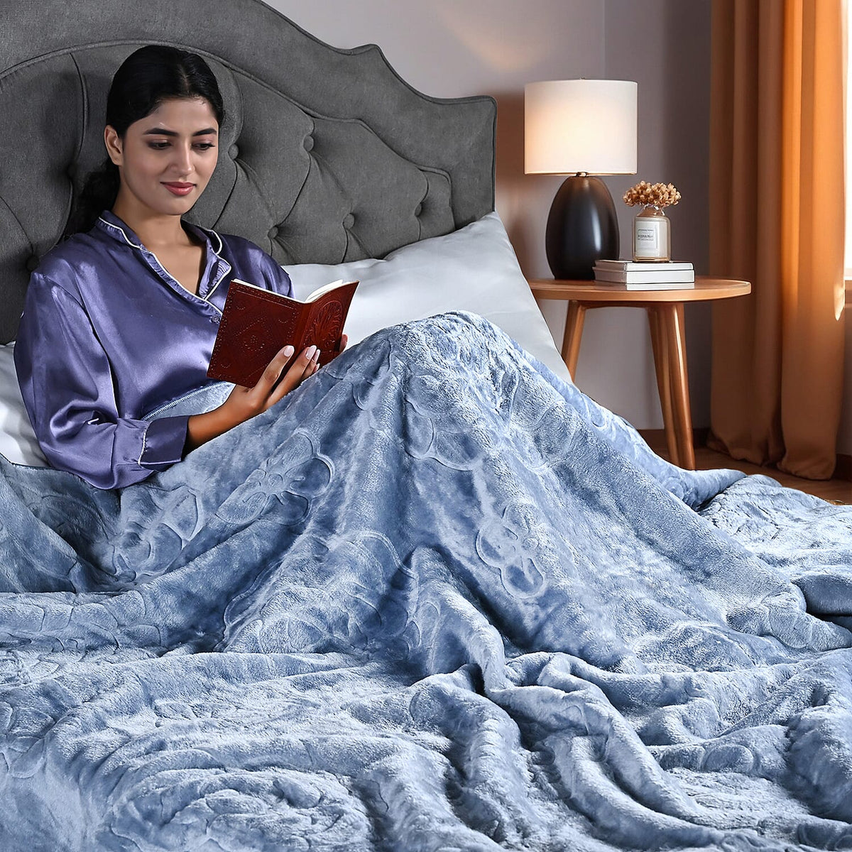 Livmore Luxurious Floral Embossed Soft Faux Mink Blanket (200x220cm) - Sky Blue 8230113 3