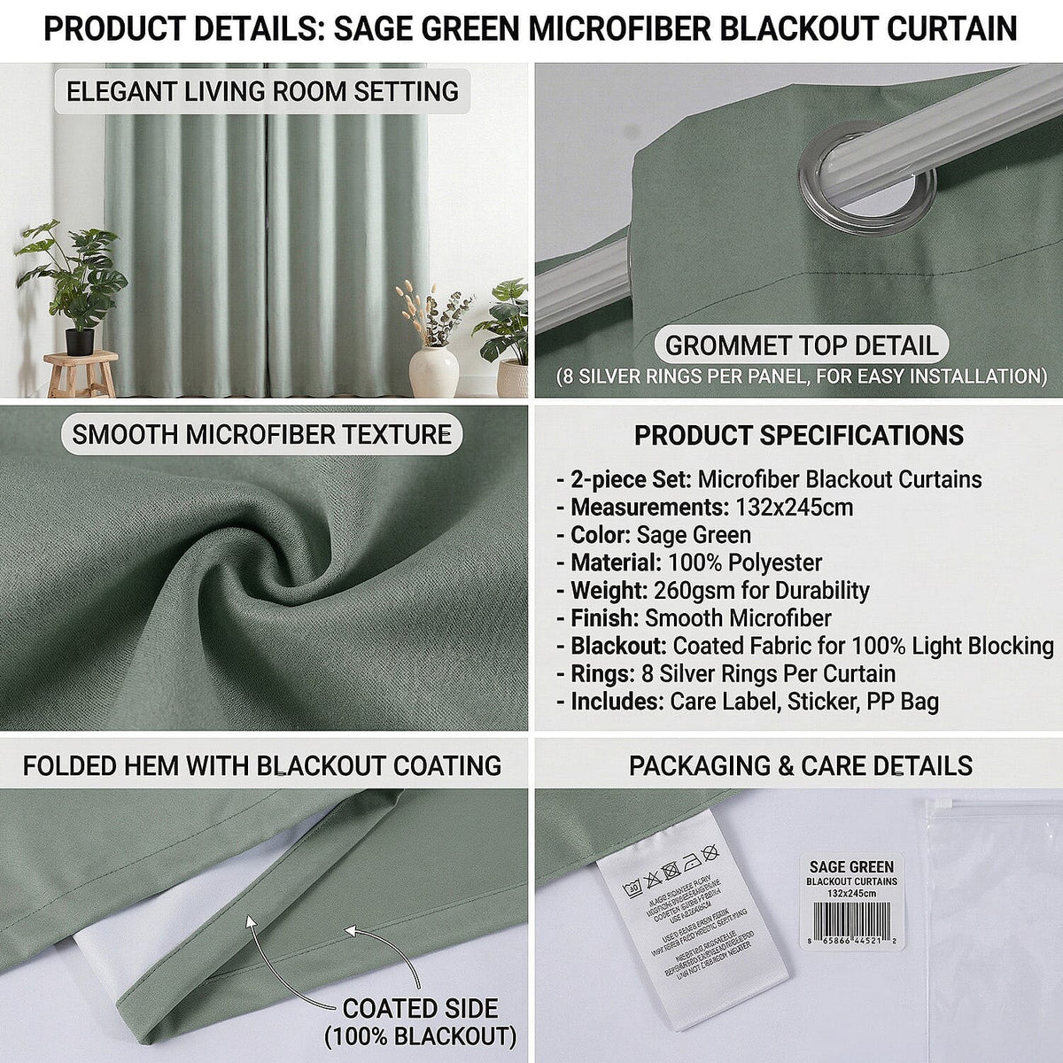 LIVMORE Set of 2 - 100% Light Blocking Coated Curtains (132 x 245cm) - Cyan V32668023 7