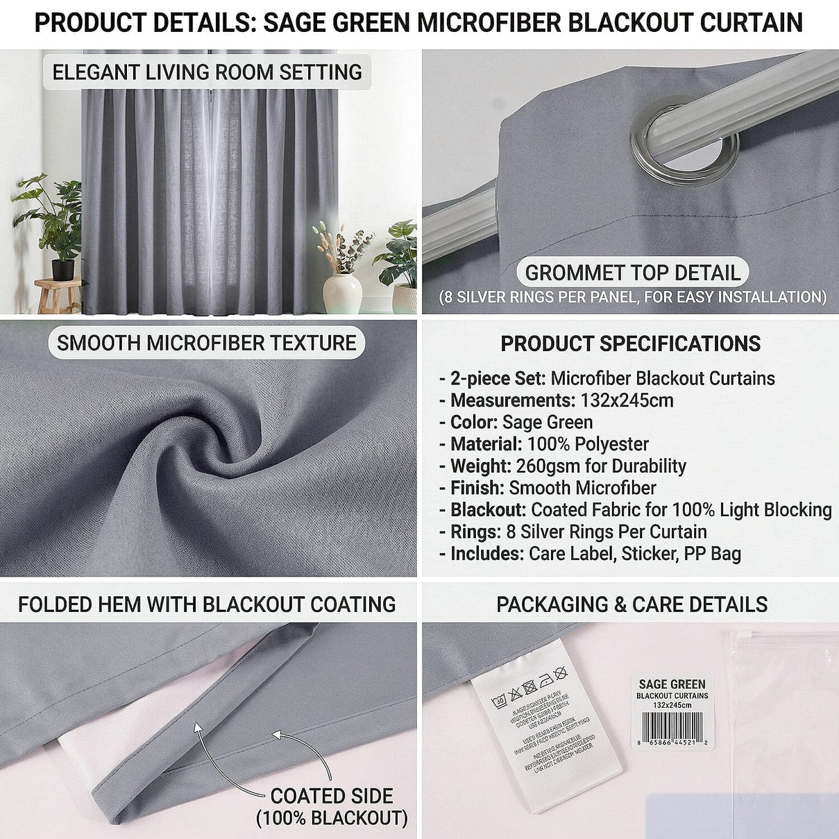 LIVMORE Set of 2 - 100% Light Blocking Coated  Curtains (132 x 245cm) - Light Grey 8376910 7