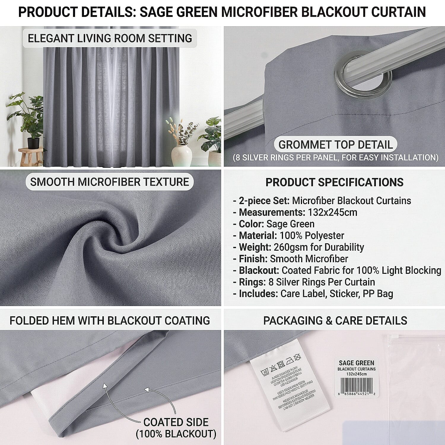 LIVMORE Set of 2 - 100% Light Blocking Coated  Curtains (132 x 245cm) - Light Grey 8376910 7