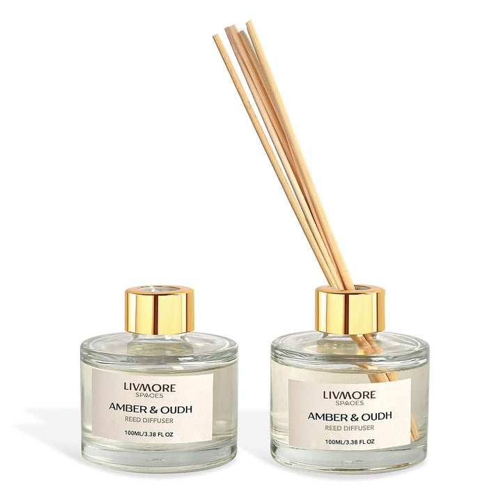Livmore Set of 2 Amber &amp; Oudh Reed Diffuser with 4 Natural Reed Sticks - 100ml 8380972 1