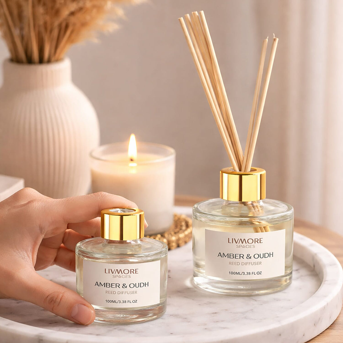 Livmore Set of 2 Amber &amp; Oudh Reed Diffuser with 4 Natural Reed Sticks - 100ml 8380972 2