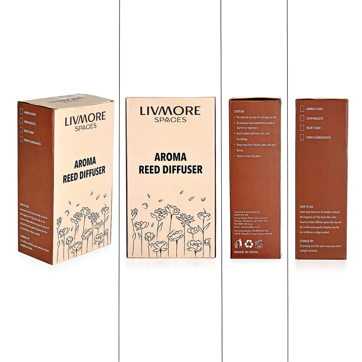Livmore Set of 2 Amber &amp; Oudh Reed Diffuser with 4 Natural Reed Sticks - 100ml 8380972 7