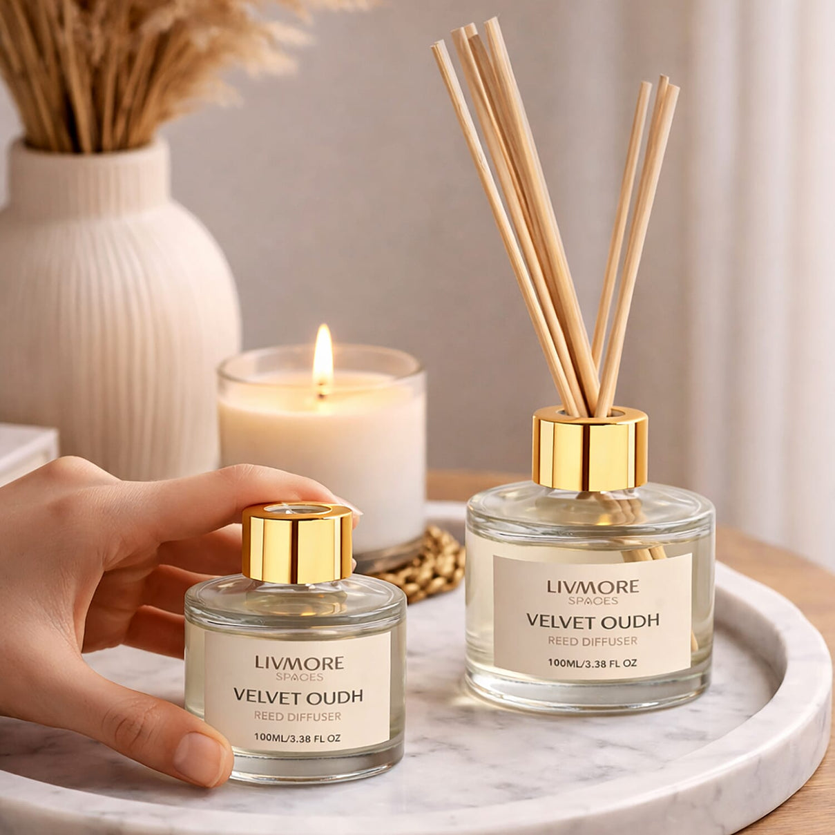 Livmore Set of 2 Velvet &amp; Oudh Reed Diffuser with 4 Natural Reed Sticks - 100ml 8381126 2