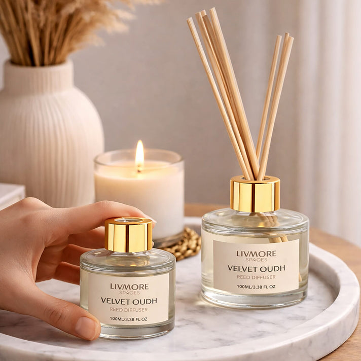 Livmore Set of 2 Velvet &amp; Oudh Reed Diffuser with 4 Natural Reed Sticks - 100ml 8381126 2