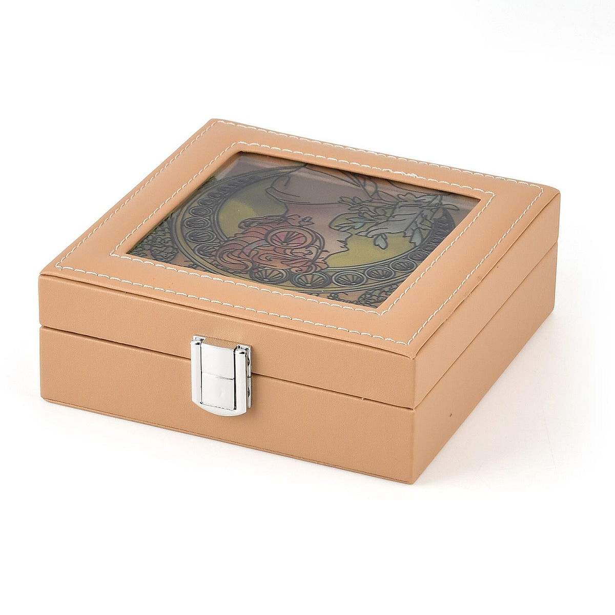 LIVMORE Multi-Slot Ring Storage Box with Suncatcher Glass Window (15.5 x 15.5 x 5.5 cm) - Beige V32533878 3