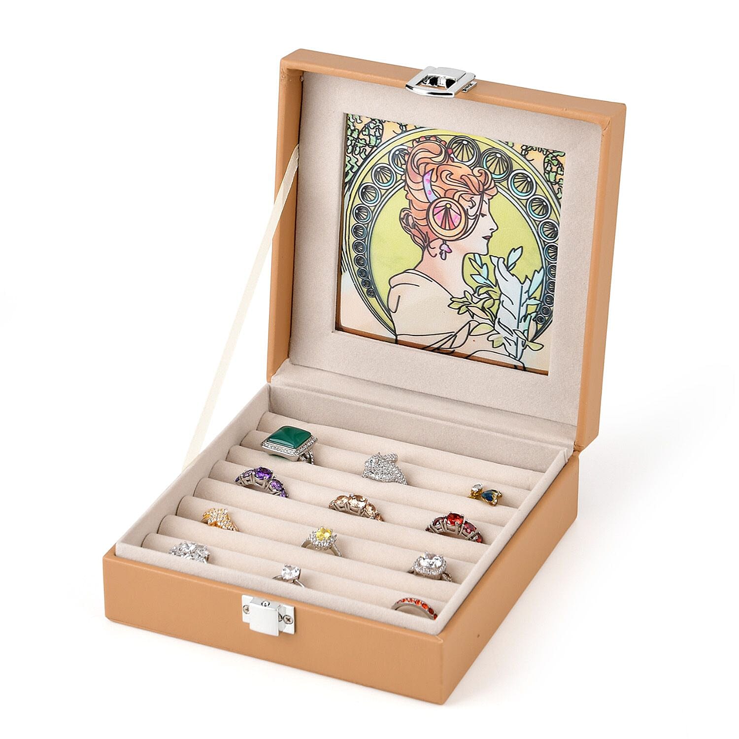LIVMORE Multi-Slot Ring Storage Box with Suncatcher Glass Window (15.5 x 15.5 x 5.5 cm) - Beige V32533878 5