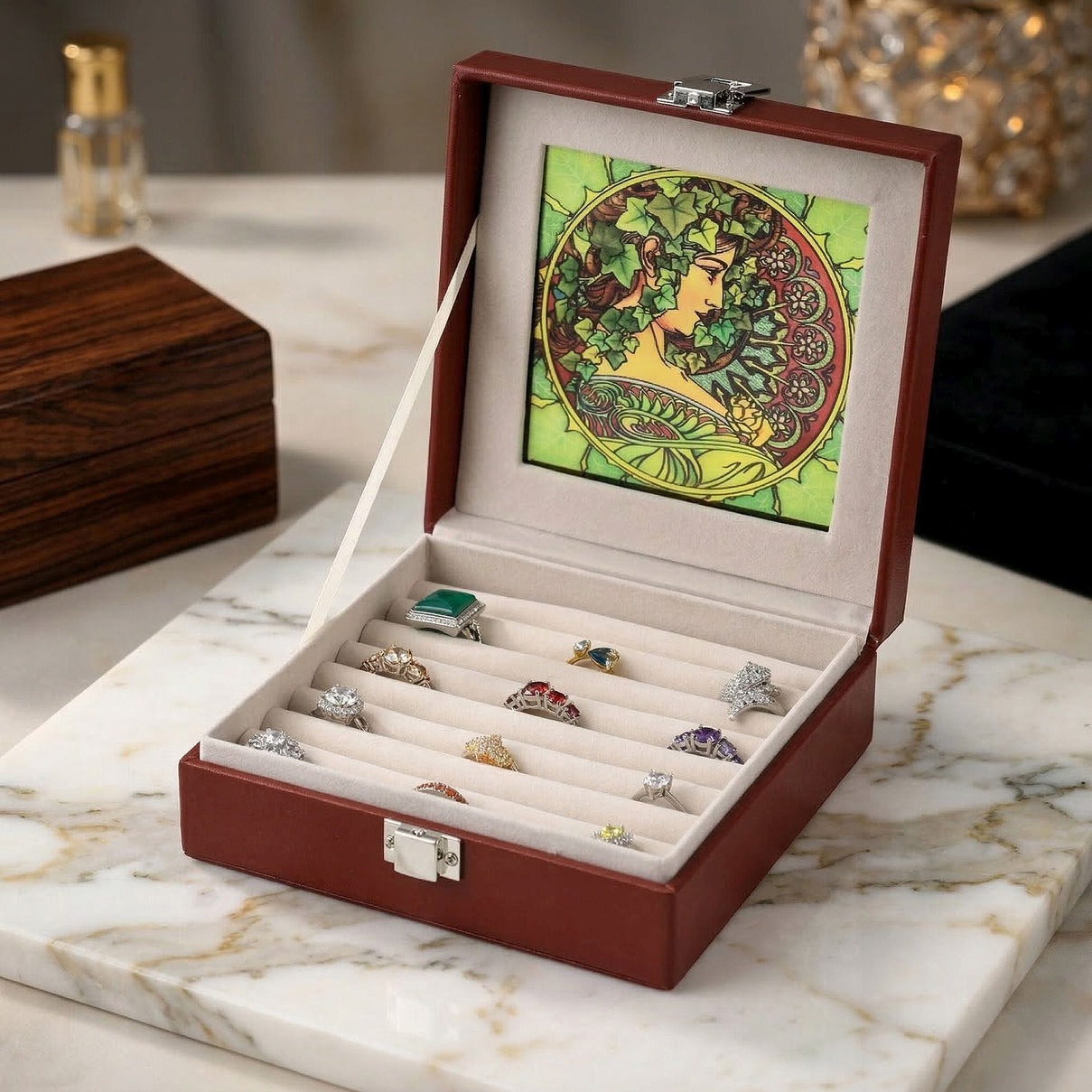 LIVMORE Multi-Slot Ring Storage Box with Suncatcher Glass Window (15.5 x 15.5 x 5.5 cm) - Brown 8429377 2