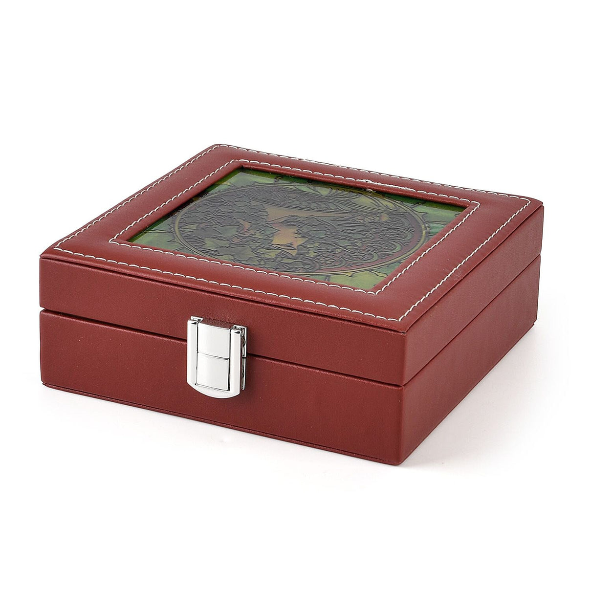 LIVMORE Multi-Slot Ring Storage Box with Suncatcher Glass Window (15.5 x 15.5 x 5.5 cm) - Brown 8429377 3