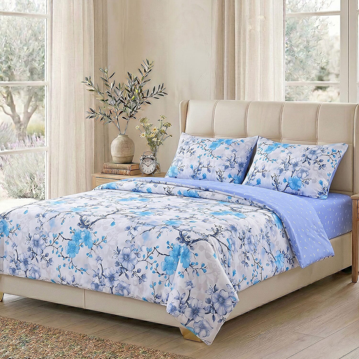 LIVMORE 4-Piece Reversible Printed Bedding Set - inc. Duvet Cover, Fitted Sheet &amp; 2 x Coordinated Pillowcases (Double) - Blue&amp; Multi V32523885 0