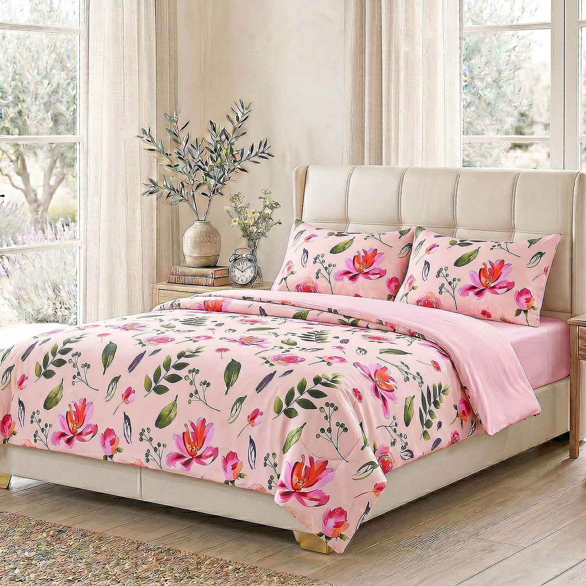 LIVMORE 4-Piece Reversible Printed Bedding Set - inc. Duvet Cover, Fitted Sheet &amp; 2 x Coordinated Pillowcases (Double) - Pink V32523880 0