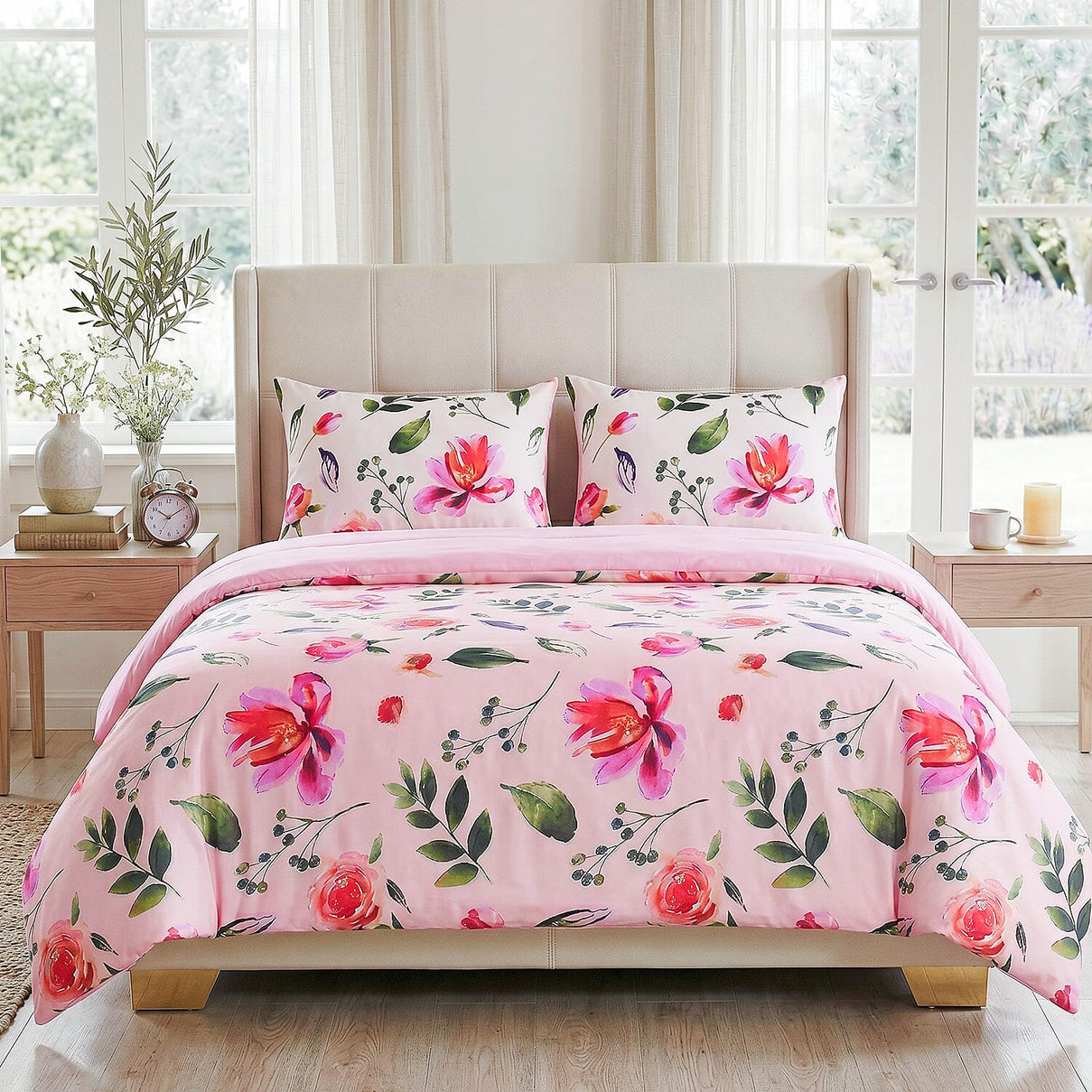 LIVMORE 4-Piece Reversible Printed Bedding Set - inc. Duvet Cover, Fitted Sheet &amp; 2 x Coordinated Pillowcases (Double) - Pink V32523880 2