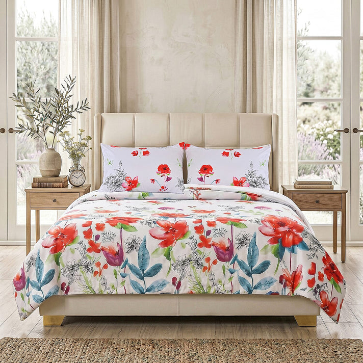 LIVMORE 4-Piece Reversible Printed Bedding Set - inc. Duvet Cover, Fitted Sheet &amp; 2 x Coordinated Pillowcases (Double) - White and Red 8314238 2