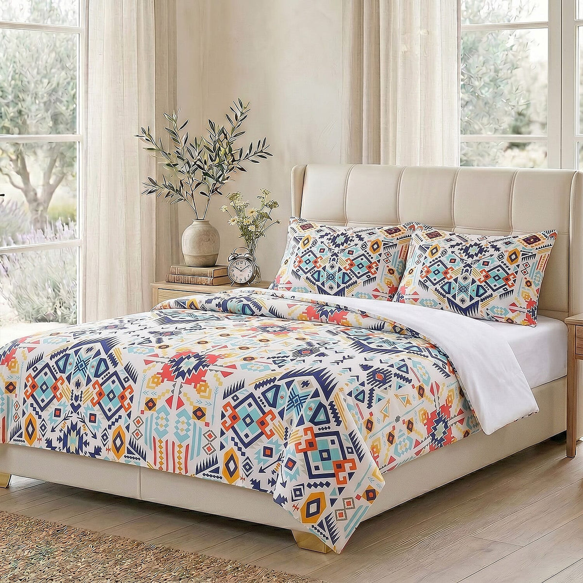 LIVMORE 4-Piece Reversible Botanical Print Bedding Set - inc. Duvet Cover, Fitted Sheet &amp; 2 x Coordinated Pillowcases (Double) - Multicolour V32517207 0