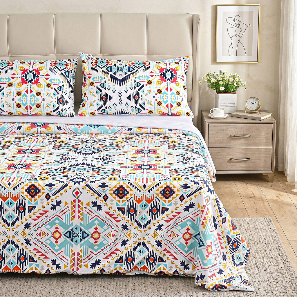 LIVMORE 4-Piece Reversible Botanical Print Bedding Set - inc. Duvet Cover, Fitted Sheet & 2 x Coordinated Pillowcases (Double) - Multicolour
