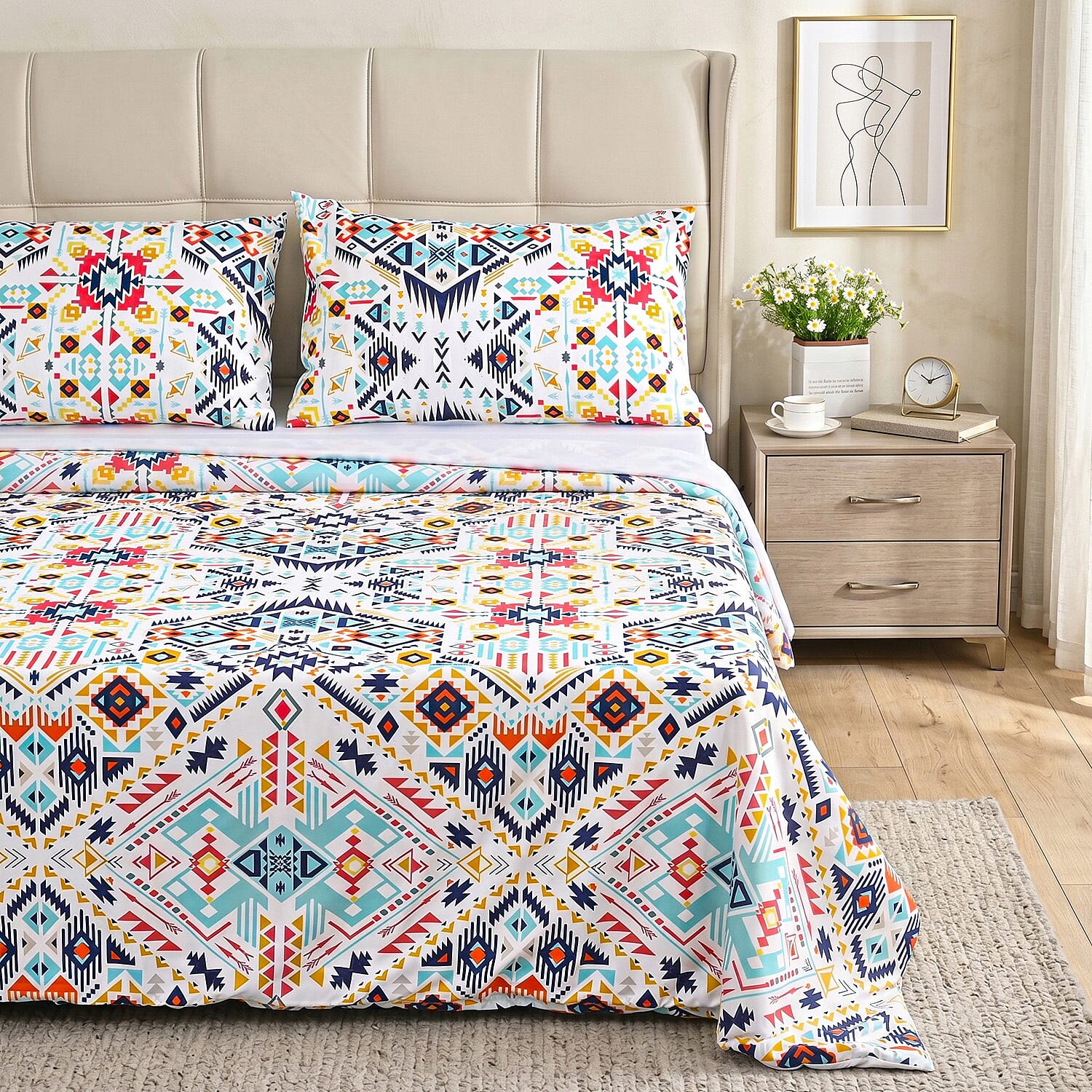 LIVMORE 4-Piece Reversible Botanical Print Bedding Set - inc. Duvet Cover, Fitted Sheet &amp; 2 x Coordinated Pillowcases (Double) - Multicolour V32517207 2