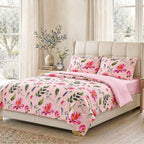 LIVMORE 4-Piece Reversible Printed Bedding Set - inc. Duvet Cover, Fitted Sheet & 2 x Coordinated Pillowcases (King) - Pink
