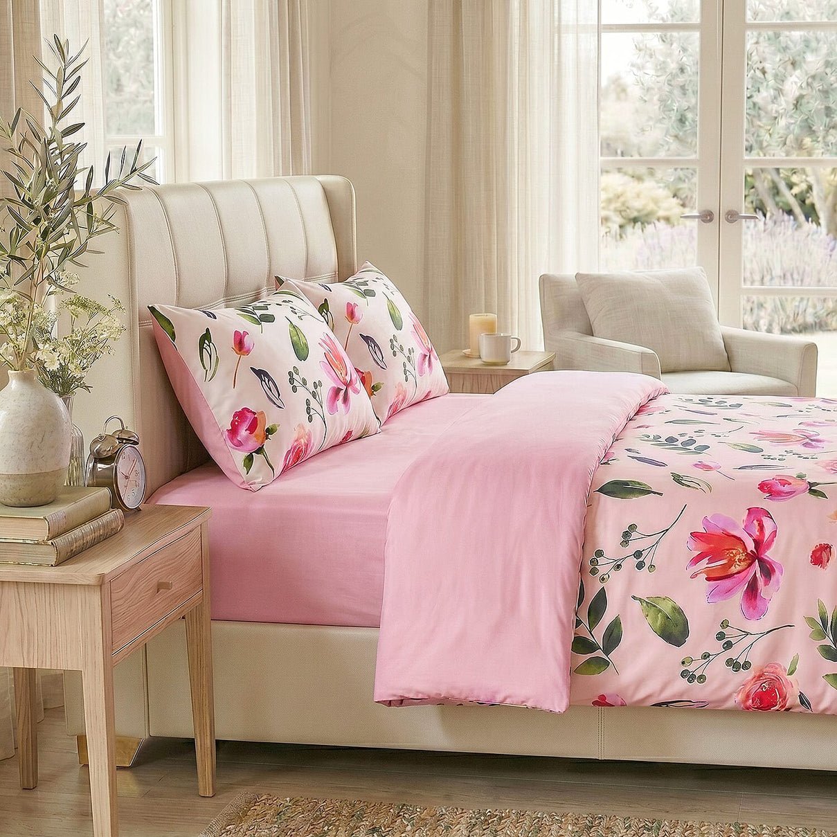 LIVMORE 4-Piece Reversible Printed Bedding Set - inc. Duvet Cover, Fitted Sheet &amp; 2 x Coordinated Pillowcases (King) - Pink V32522678 3