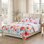 LIVMORE 4-Piece Reversible Printed Bedding Set - inc. Duvet Cover, Fitted Sheet & 2 x Coordinated Pillowcases (King) - White and Red