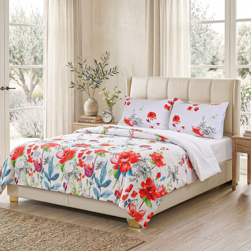LIVMORE 4-Piece Reversible Printed Bedding Set - inc. Duvet Cover, Fitted Sheet & 2 x Coordinated Pillowcases (King) - White and Red