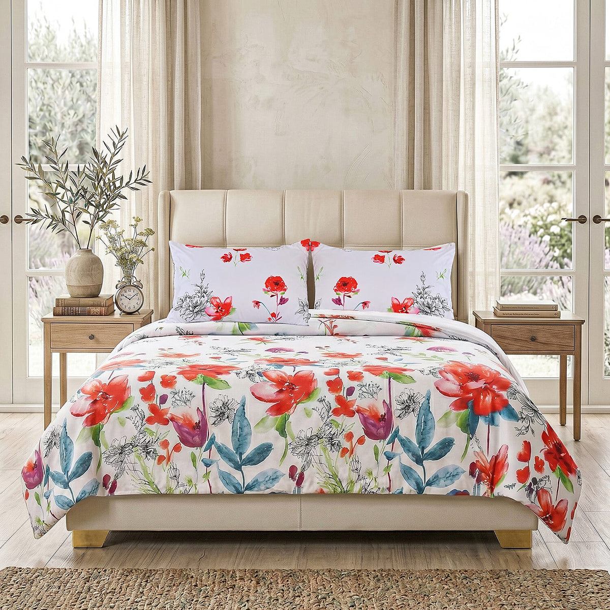 LIVMORE 4-Piece Reversible Printed Bedding Set - inc. Duvet Cover, Fitted Sheet &amp; 2 x Coordinated Pillowcases (King) - White and Red V32537689 2