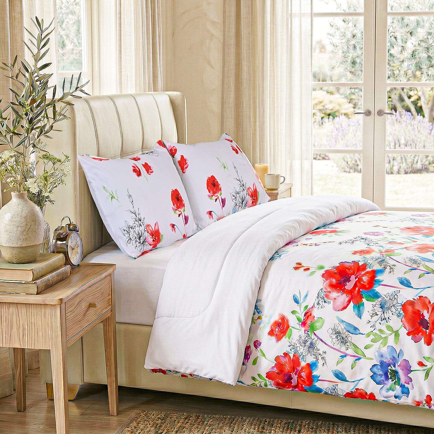LIVMORE 4-Piece Reversible Printed Bedding Set - inc. Duvet Cover, Fitted Sheet &amp; 2 x Coordinated Pillowcases (King) - White and Red V32537689 3