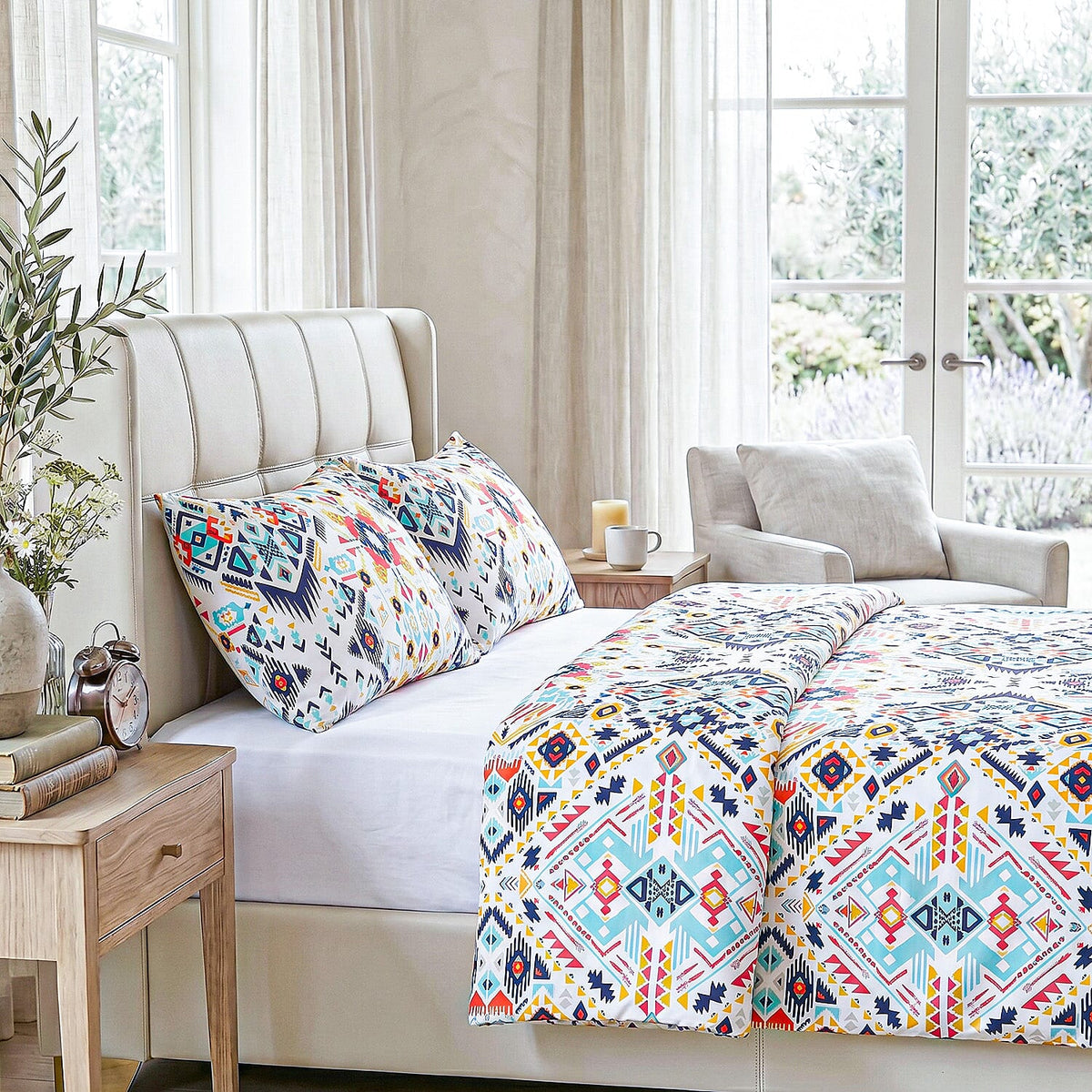 LIVMORE 4-Piece Reversible Botanical Print Bedding Set - inc. Duvet Cover, Fitted Sheet &amp; 2 x Coordinated Pillowcases (King) - Multicolour V32524573 3