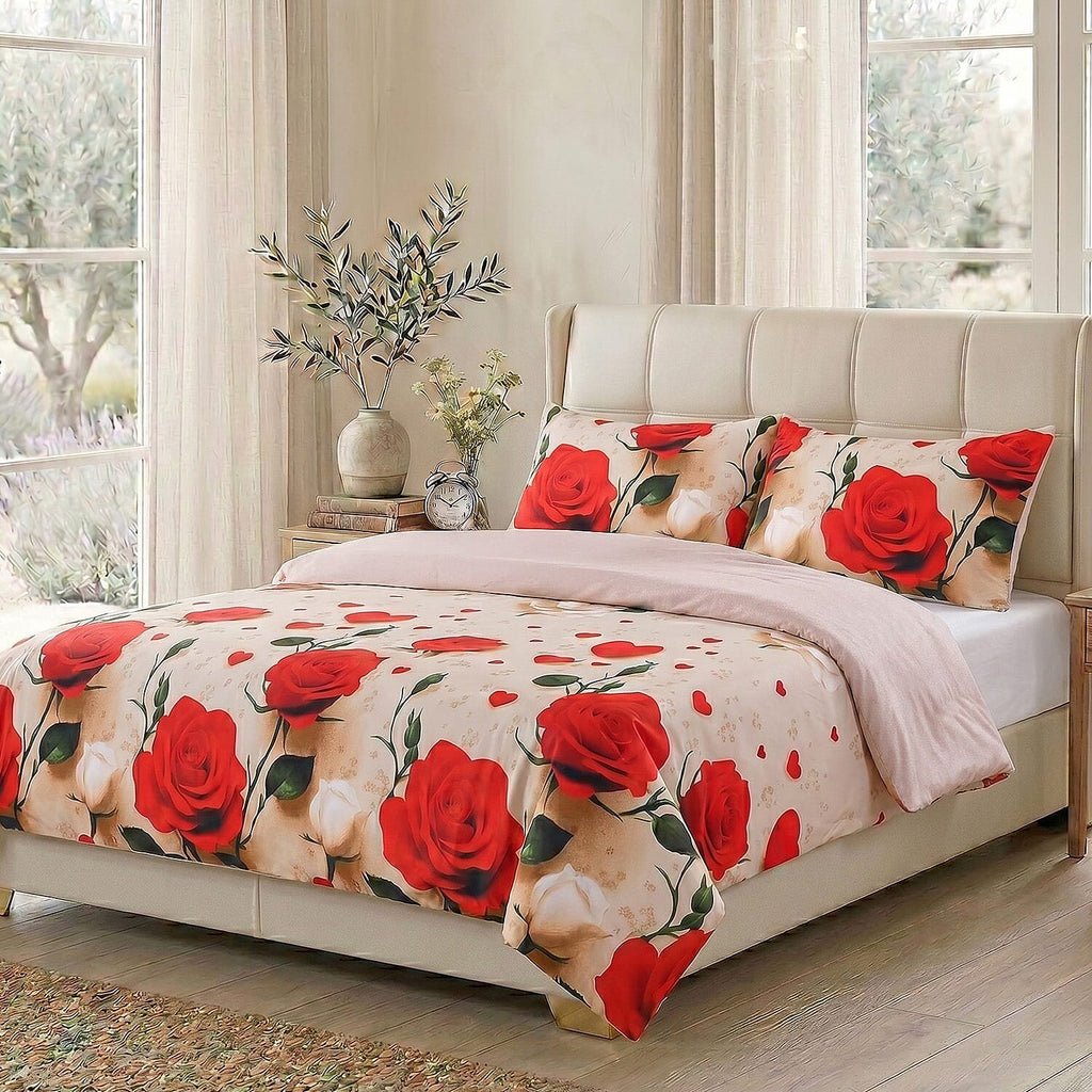 LIVMORE 4-Piece Reversible Printed Bedding Set - inc. Duvet Cover, Fitted Sheet & 2 x Coordinated Pillowcases (King) - Red & Multi
