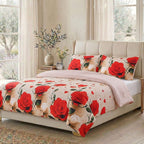 LIVMORE 4-Piece Reversible Printed Bedding Set - inc. Duvet Cover, Fitted Sheet & 2 x Coordinated Pillowcases (King) - Red & Multi
