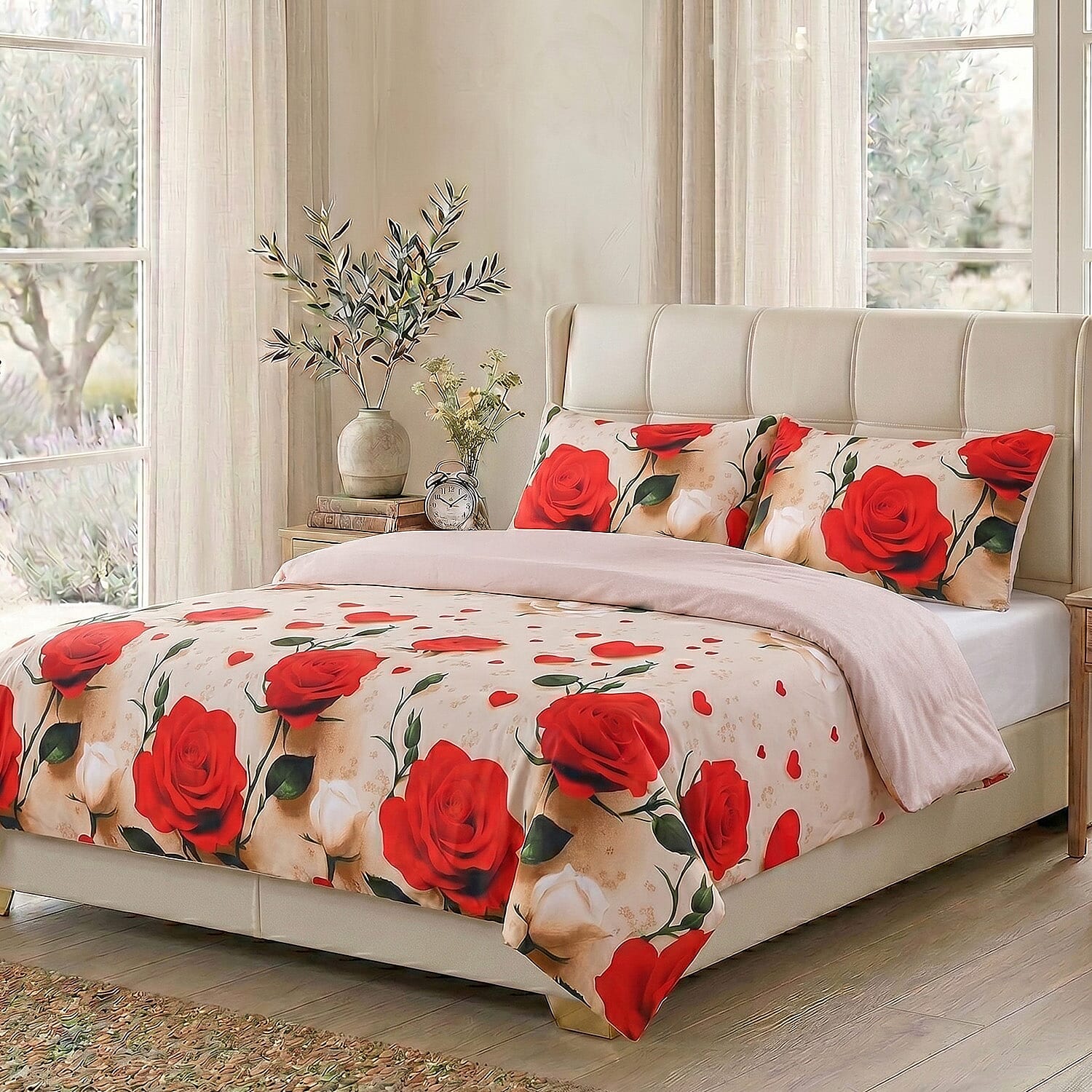 LIVMORE 4-Piece Reversible Printed Bedding Set - inc. Duvet Cover, Fitted Sheet &amp; 2 x Coordinated Pillowcases (King) - Red &amp; Multi V32523877 0