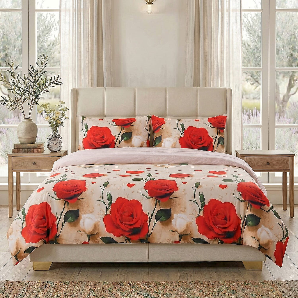 LIVMORE 4-Piece Reversible Printed Bedding Set - inc. Duvet Cover, Fitted Sheet & 2 x Coordinated Pillowcases (King) - Red & Multi