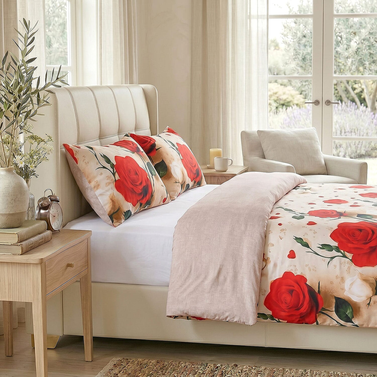 LIVMORE 4-Piece Reversible Printed Bedding Set - inc. Duvet Cover, Fitted Sheet &amp; 2 x Coordinated Pillowcases (King) - Red &amp; Multi V32523877 3
