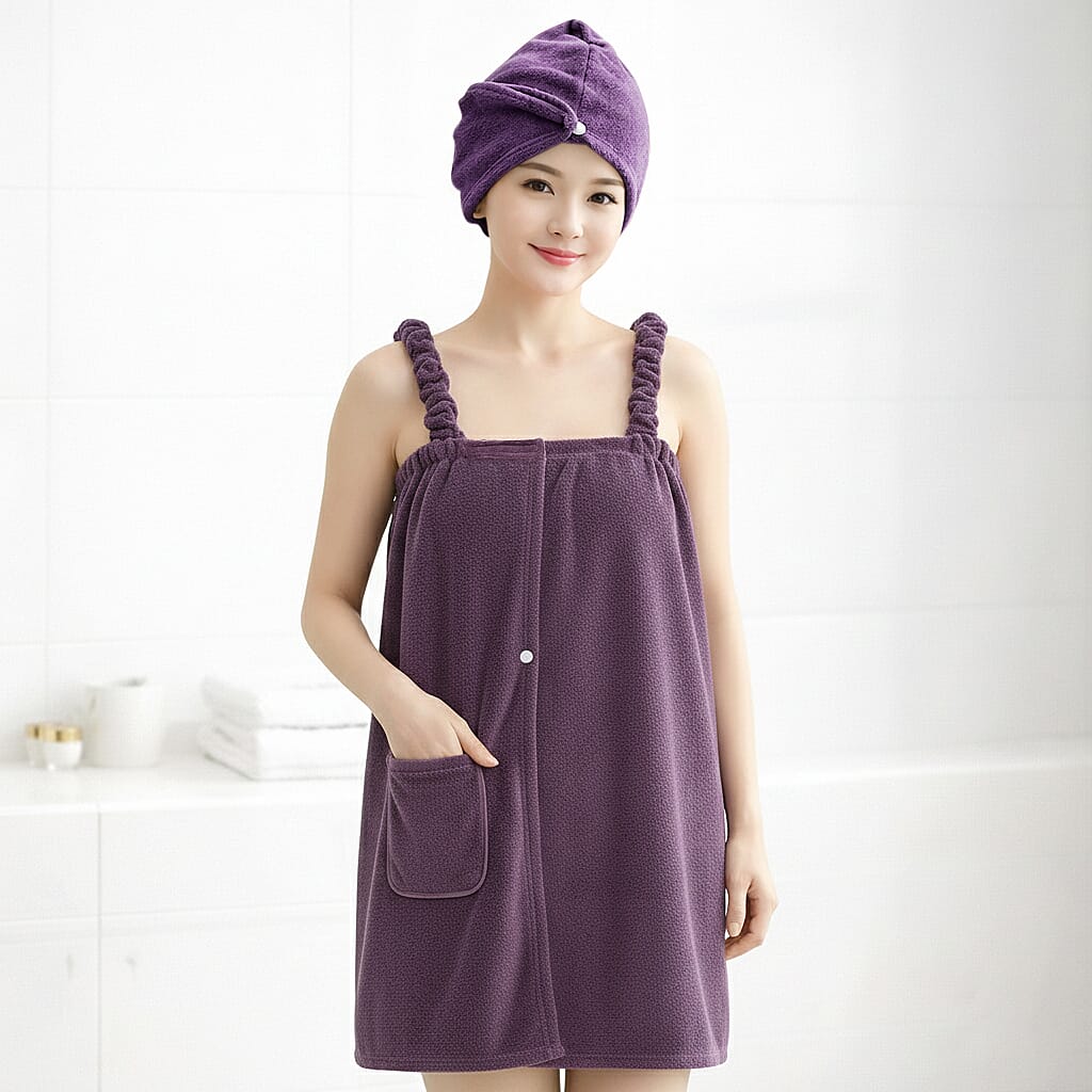 LIVMORE 2-Piece Wearable Bath Towel with Pocket &amp; Matching Hair Towel Wrap (140 x 82cm) - Purple 8375769 0