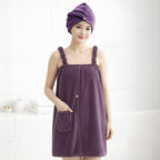 LIVMORE 2-Piece Wearable Bath Towel with Pocket & Matching Hair Towel Wrap (140 x 82cm) - Purple
