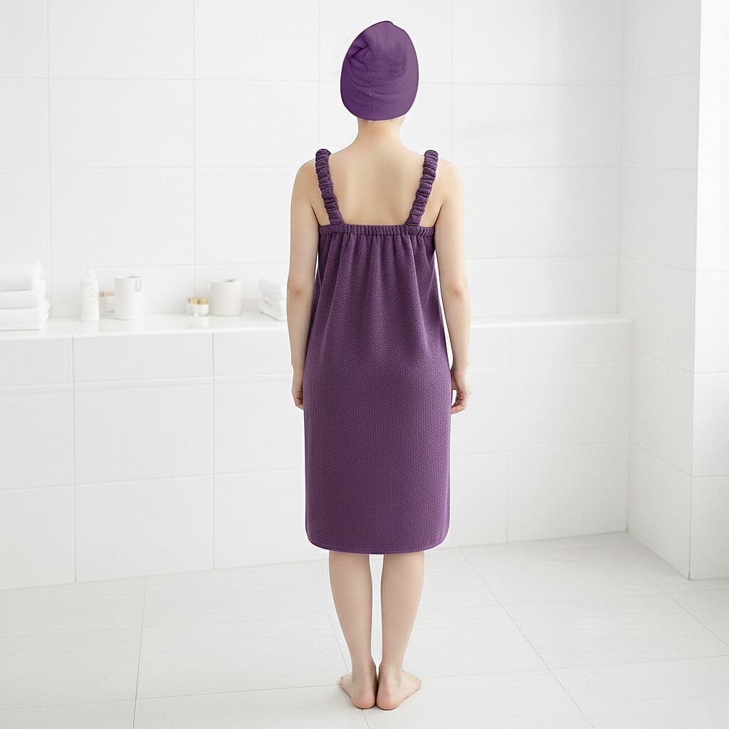 LIVMORE 2-Piece Wearable Bath Towel with Pocket &amp; Matching Hair Towel Wrap (140 x 82cm) - Purple 8375769 2