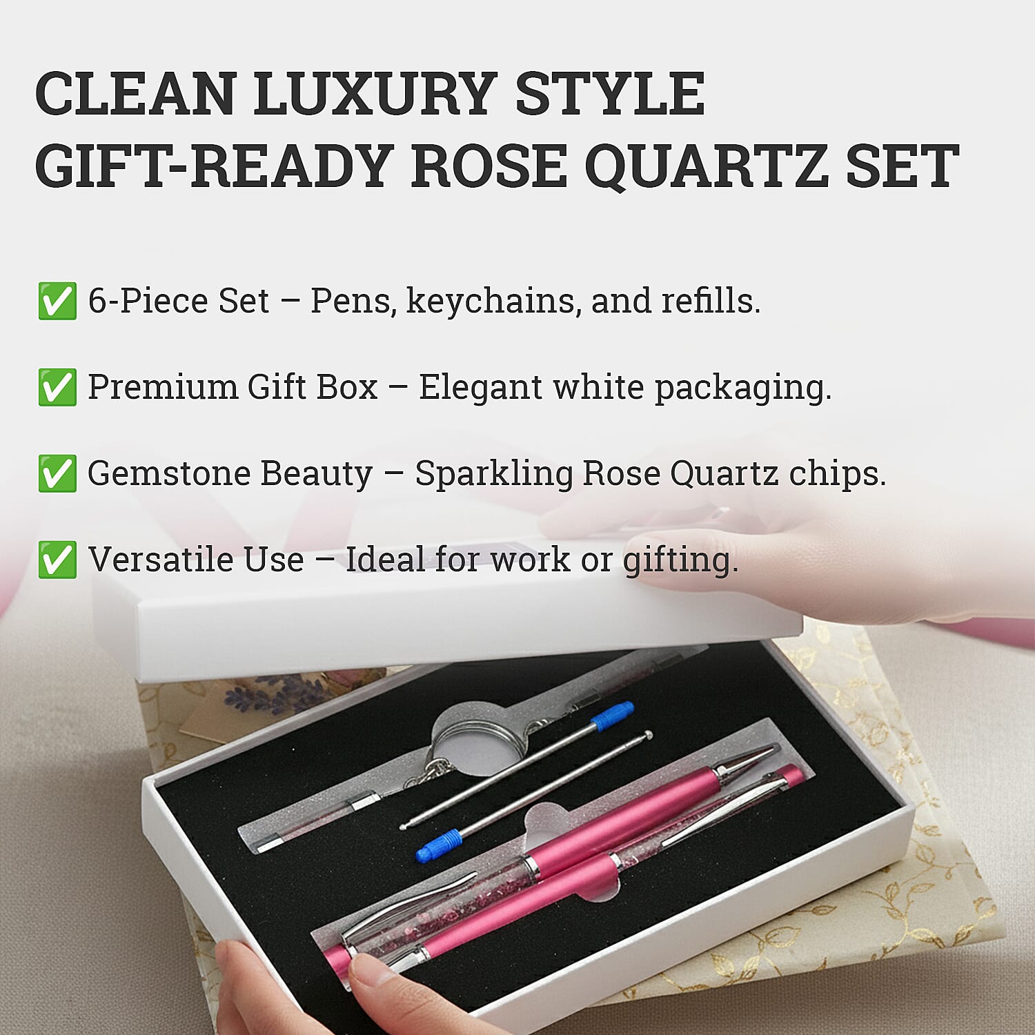 LIVMORE Rose Quarts Gemstone Pen Set with 2 Keychains and 2 Refills - Pink 8256416 3