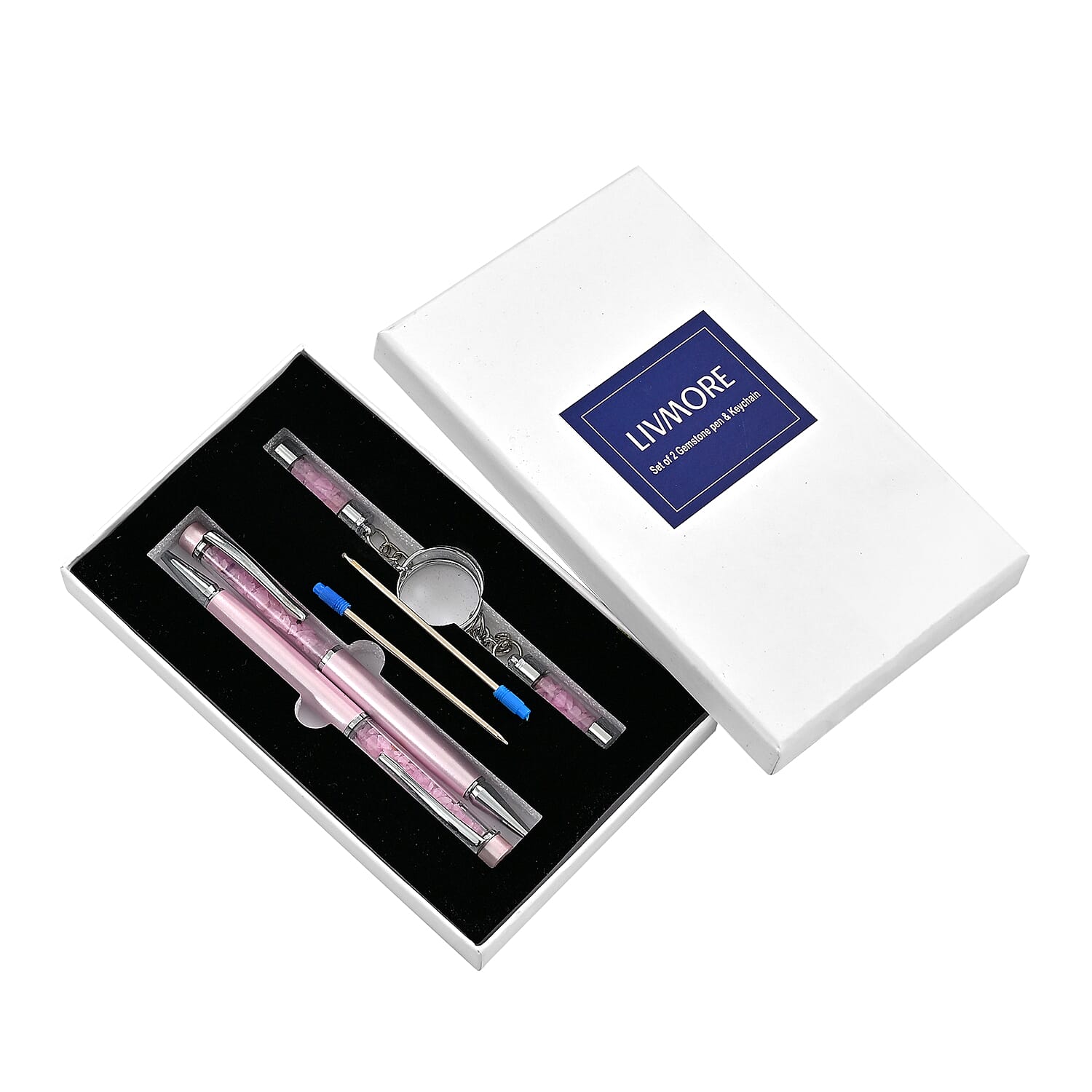 LIVMORE Rose Quarts Gemstone Pen Set with 2 Keychains and 2 Refills - Pink 8256416 8