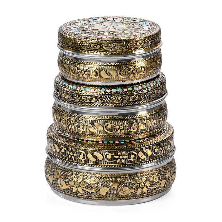 LIVMORE Set of 3- Handcrafted Floral Oxidised Collectable Tins (8cm to 11cm) - Gold &amp; Silver. V32370494 1
