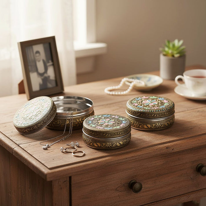 LIVMORE Set of 3- Handcrafted Floral Oxidised Collectable Tins (8cm to 11cm) - Gold &amp; Silver. V32370494 2
