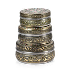 LIVMORE Set of 3- Handcrafted Mandala Oxidised Collectable Tins (8cm to 11cm) - Gold & Silver.