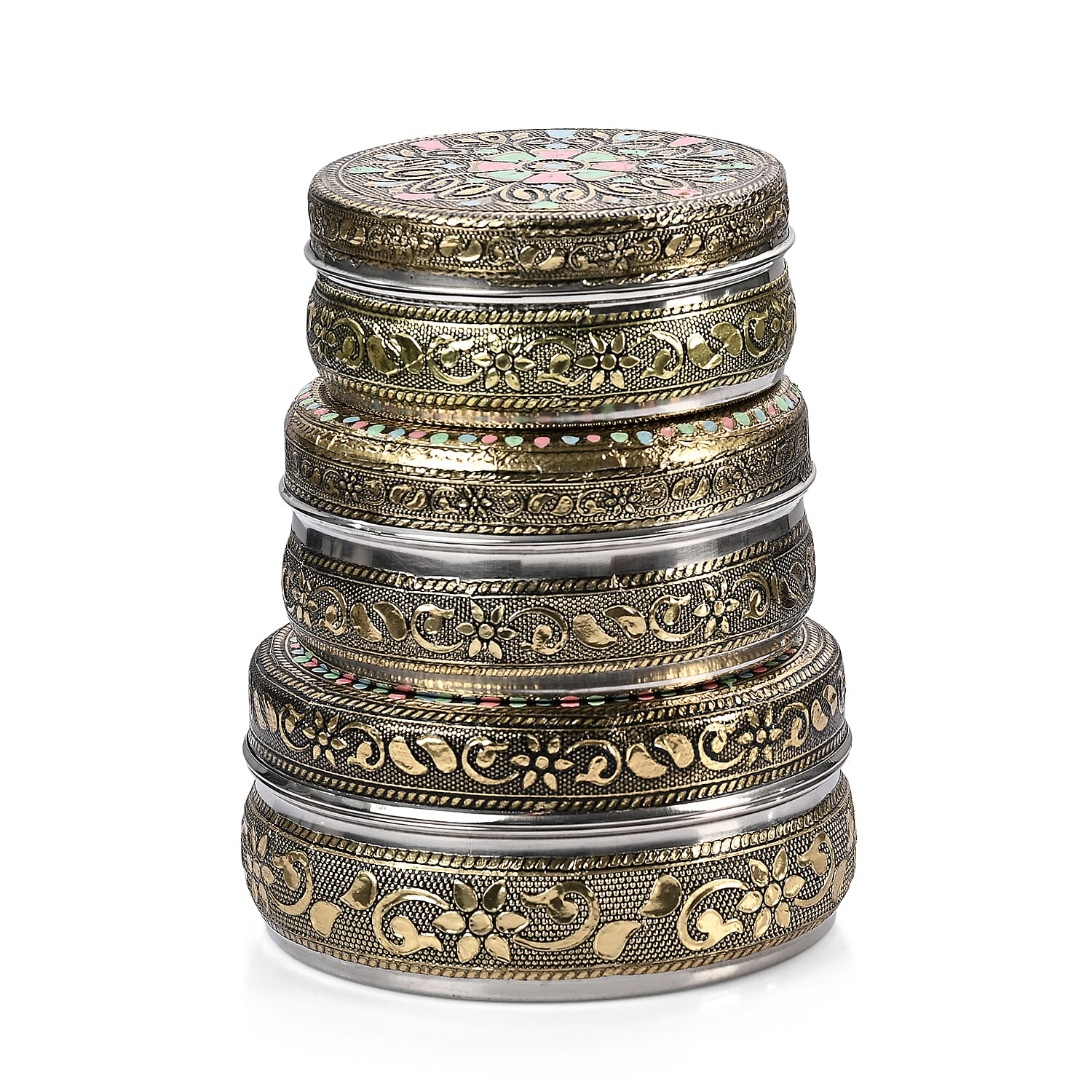 LIVMORE Set of 3: Handcrafted Mandala Oxidised Collectable Tins (8cm to 11cm) - Gold &amp; Silver. 8326631 0