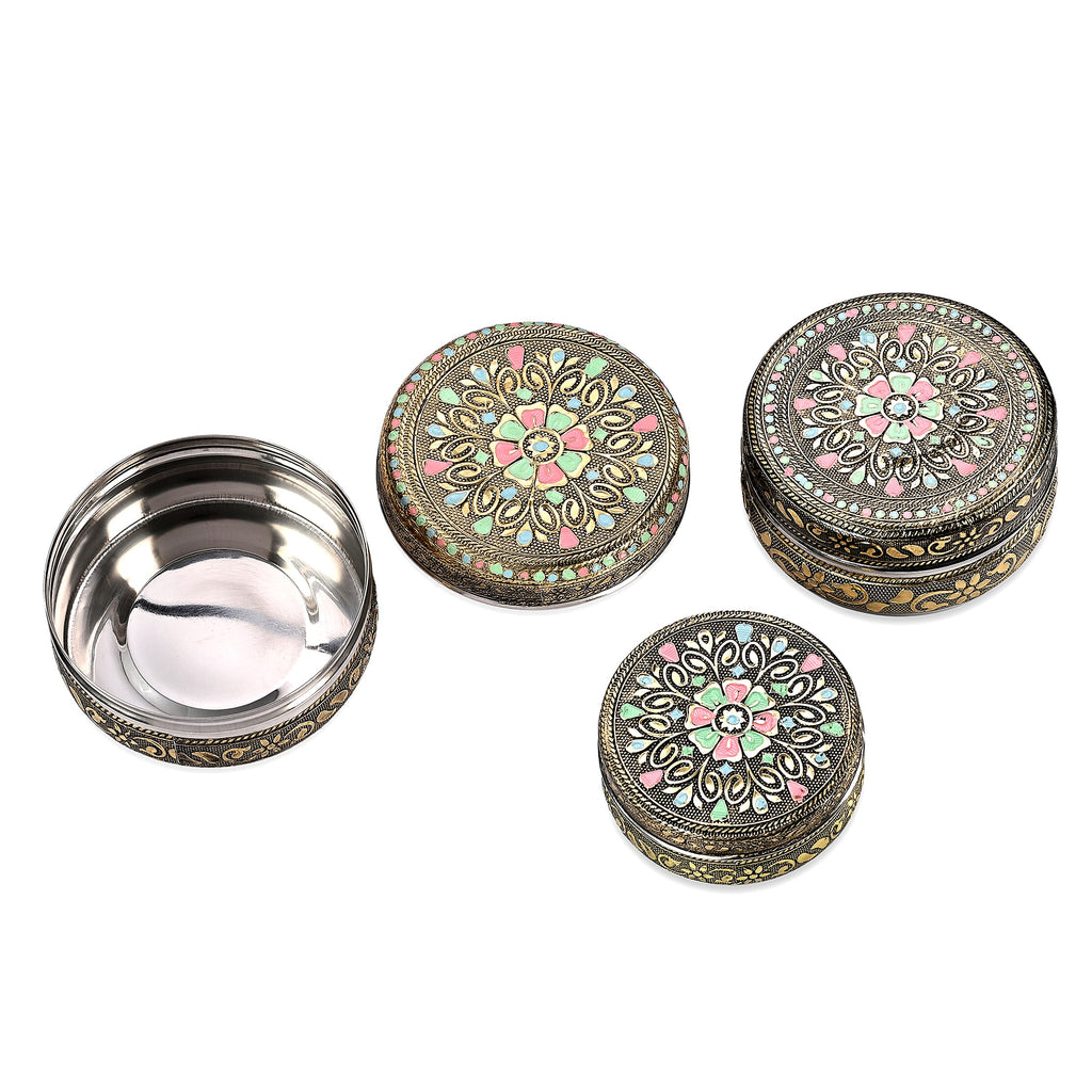 LIVMORE Set of 3- Handcrafted Mandala Oxidised Collectable Tins (8cm to 11cm) - Gold & Silver.