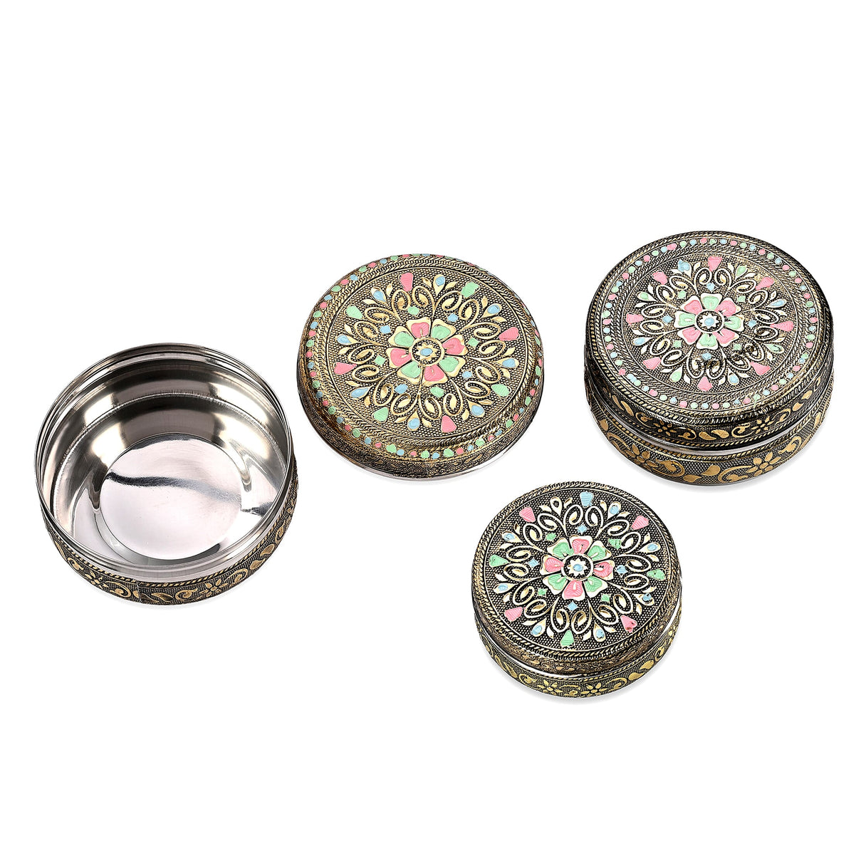 LIVMORE Set of 3: Handcrafted Mandala Oxidised Collectable Tins (8cm to 11cm) - Gold &amp; Silver. 8326631 3